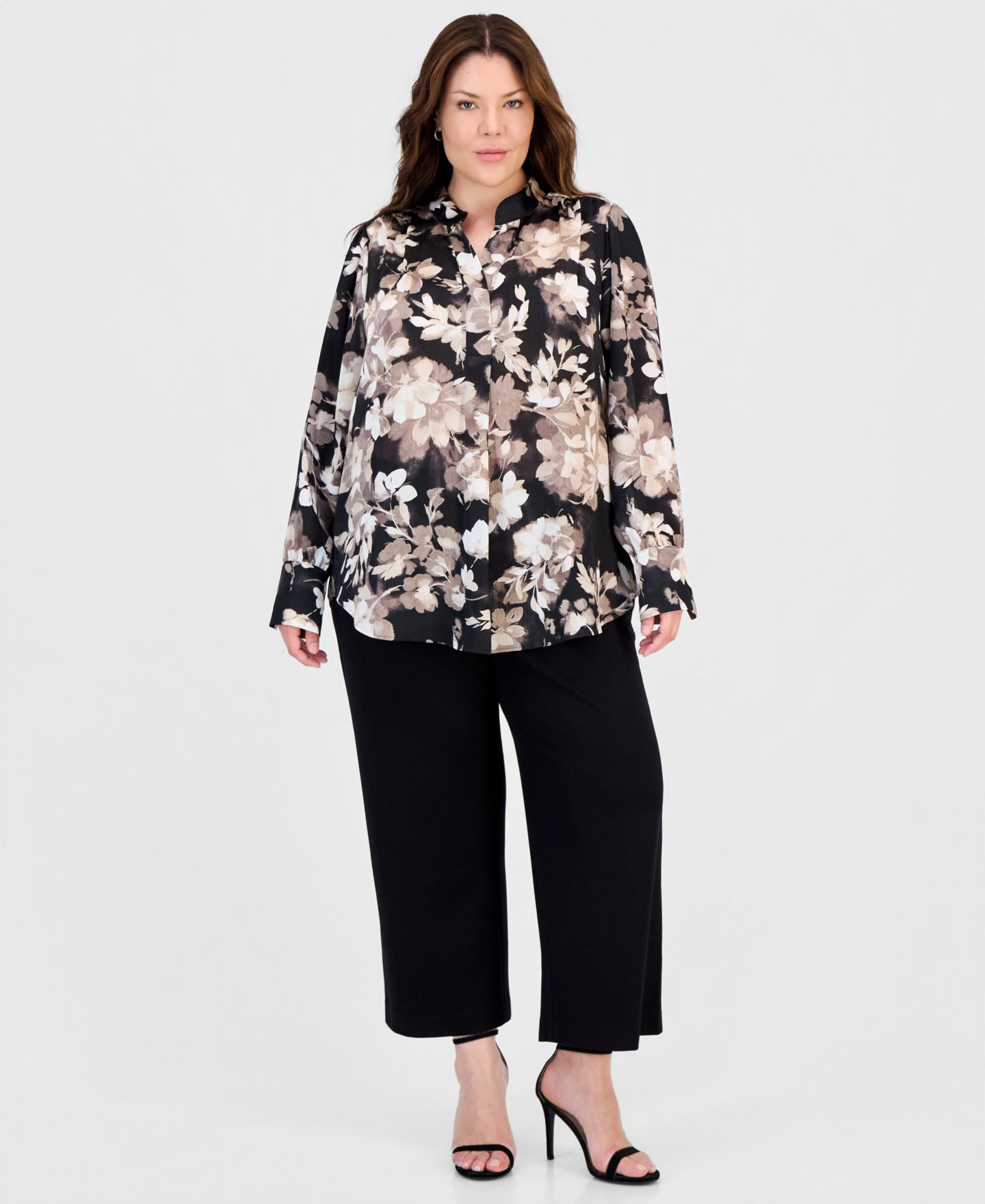 Женская блузка Anne Klein Plus Size Band-Collar Popover Blouse, цвет: Чёрный / Латте разноцветный — фото 3