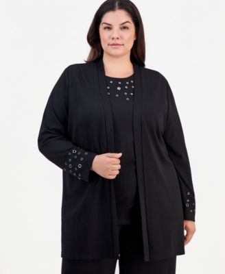Plus Size Open-Front Grommet-Trim Cardigan