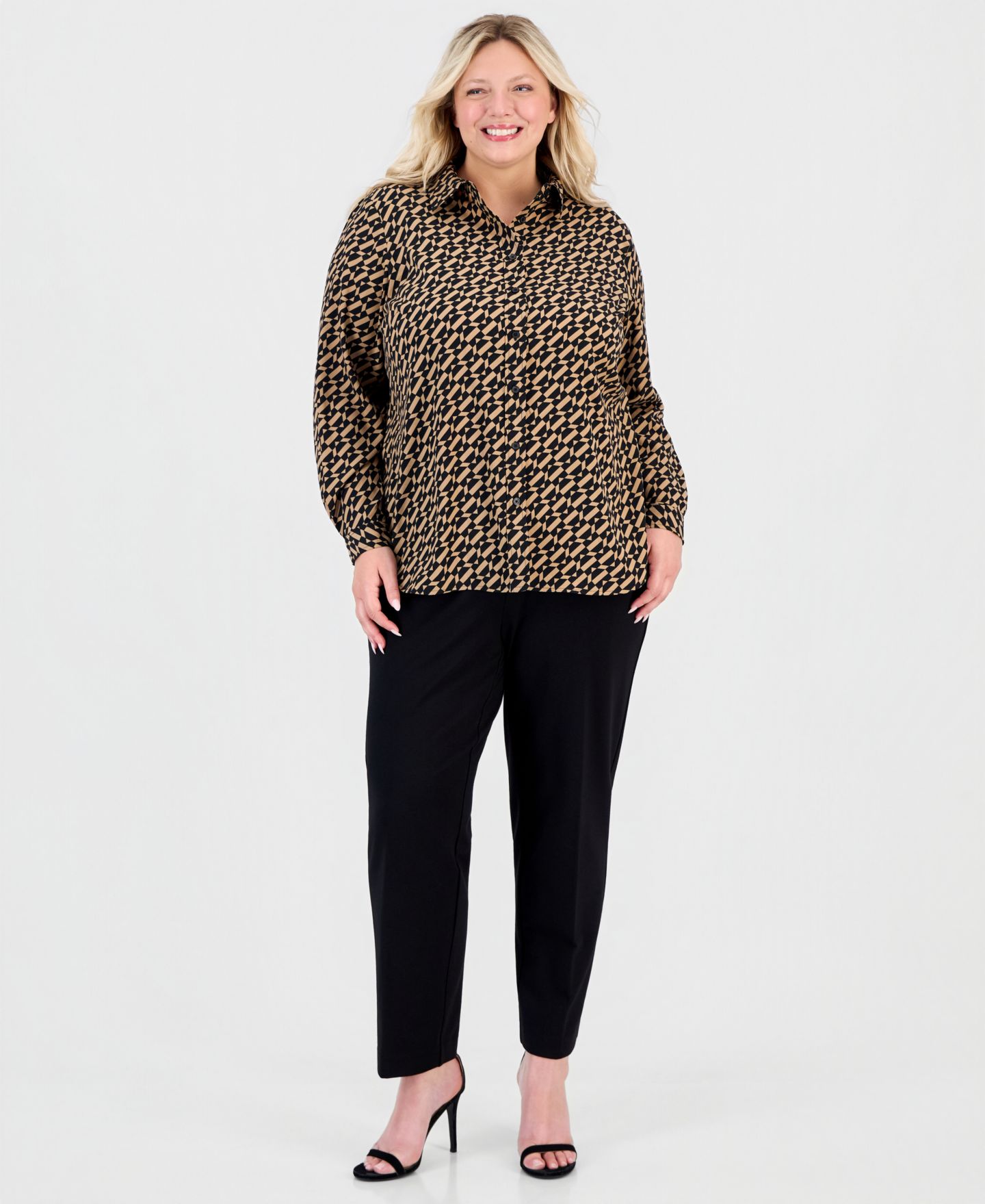 Женская рубашка Anne Klein Essentials Plus Size Geometric-Print Long-Sleeve Shirt, цвет: Чёрный — фото 2
