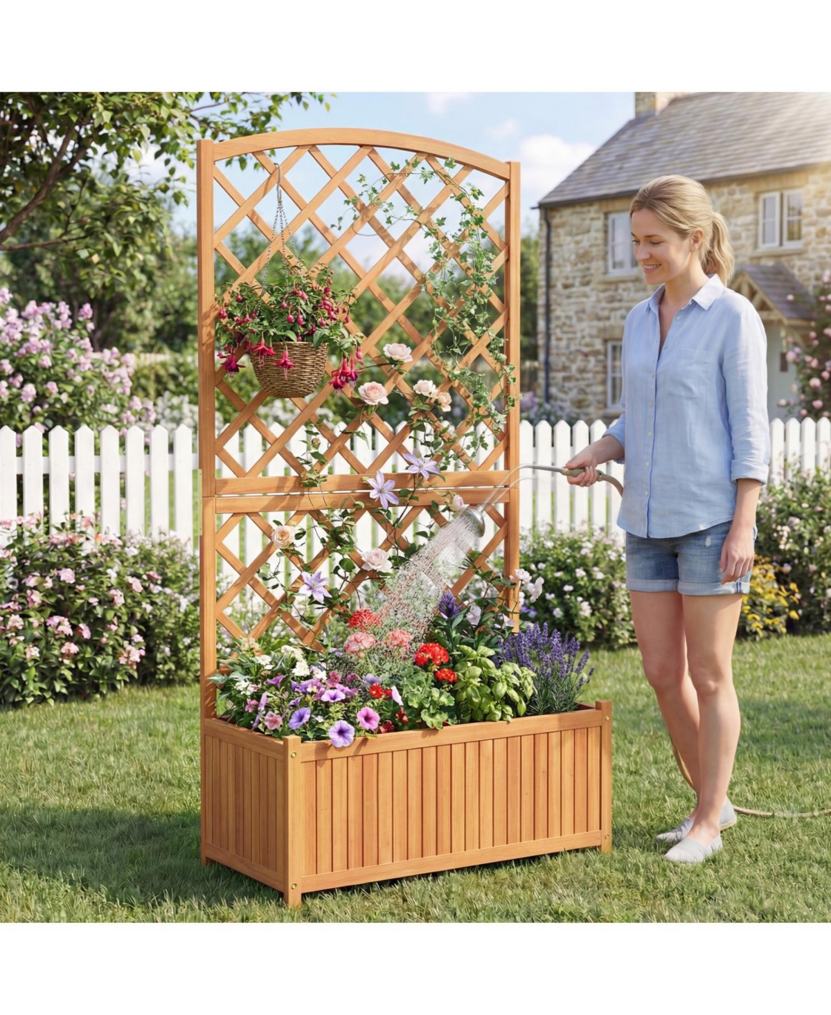 Sugift Wooden Raised Garden Bed with Trellis 63 Inch Tall Garden Planter