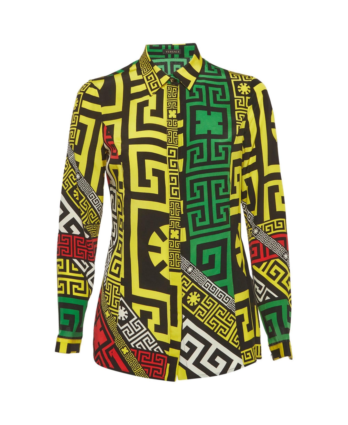 Pre-Owned Versace Women's Geometric Greek Print Silk Long Sleeve Shirt
