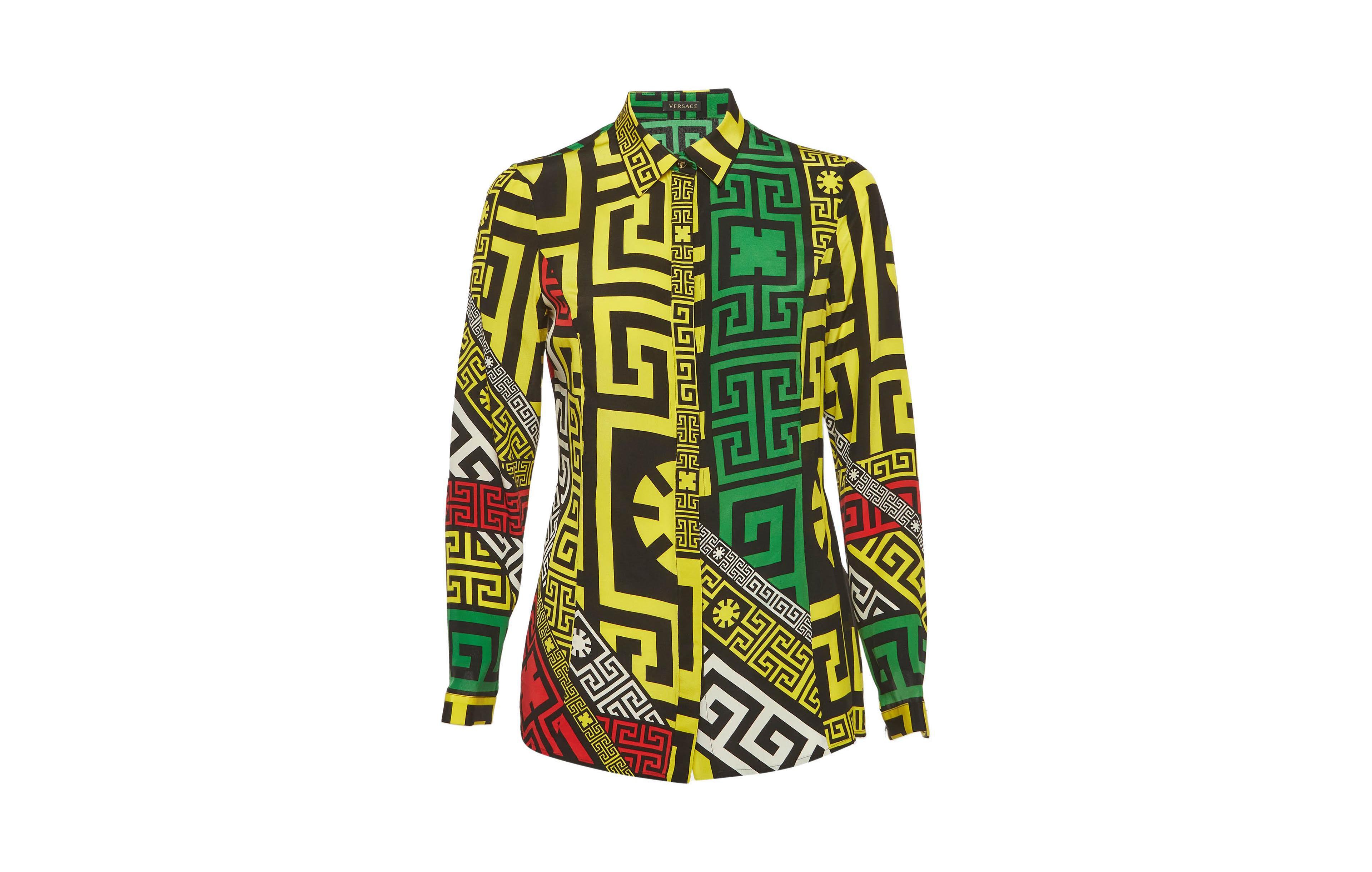 Pre-Owned Versace Women's Geometric Greek Print Silk Long Sleeve Shirt