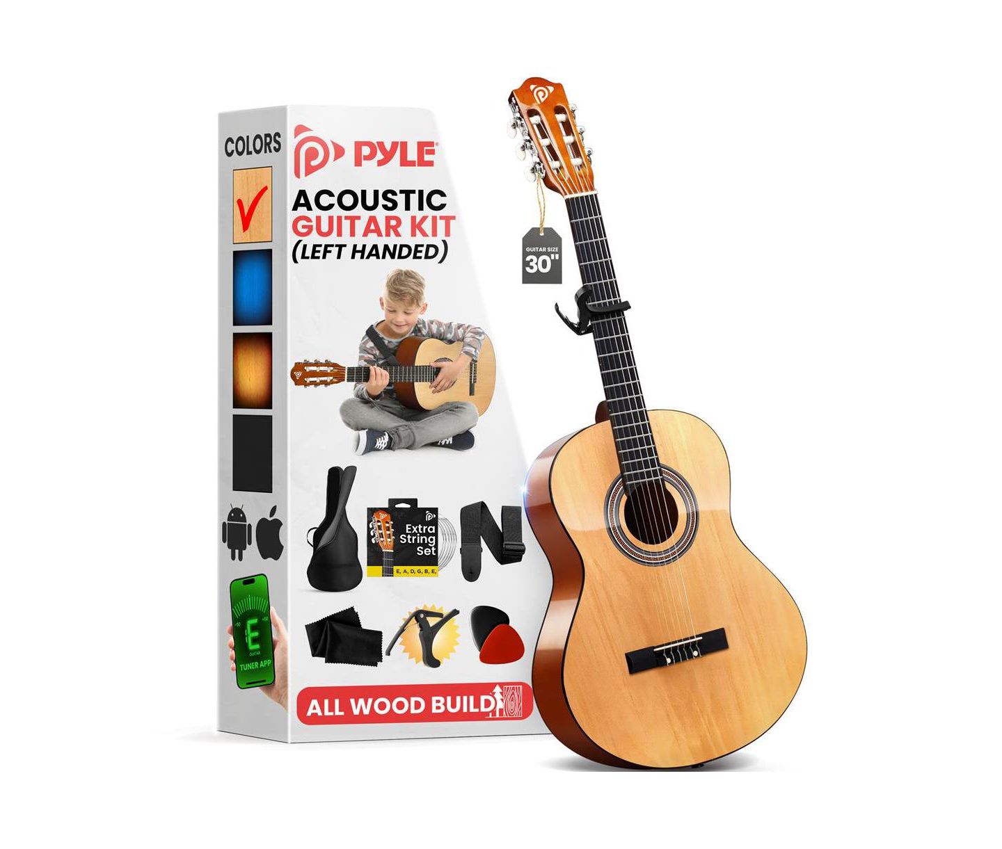Детские игрушки Pyle 30" Left-Handed Classical Acoustic Guitar with Accessory Kit, Ages 4+, цвет: Коричневый — фото 1