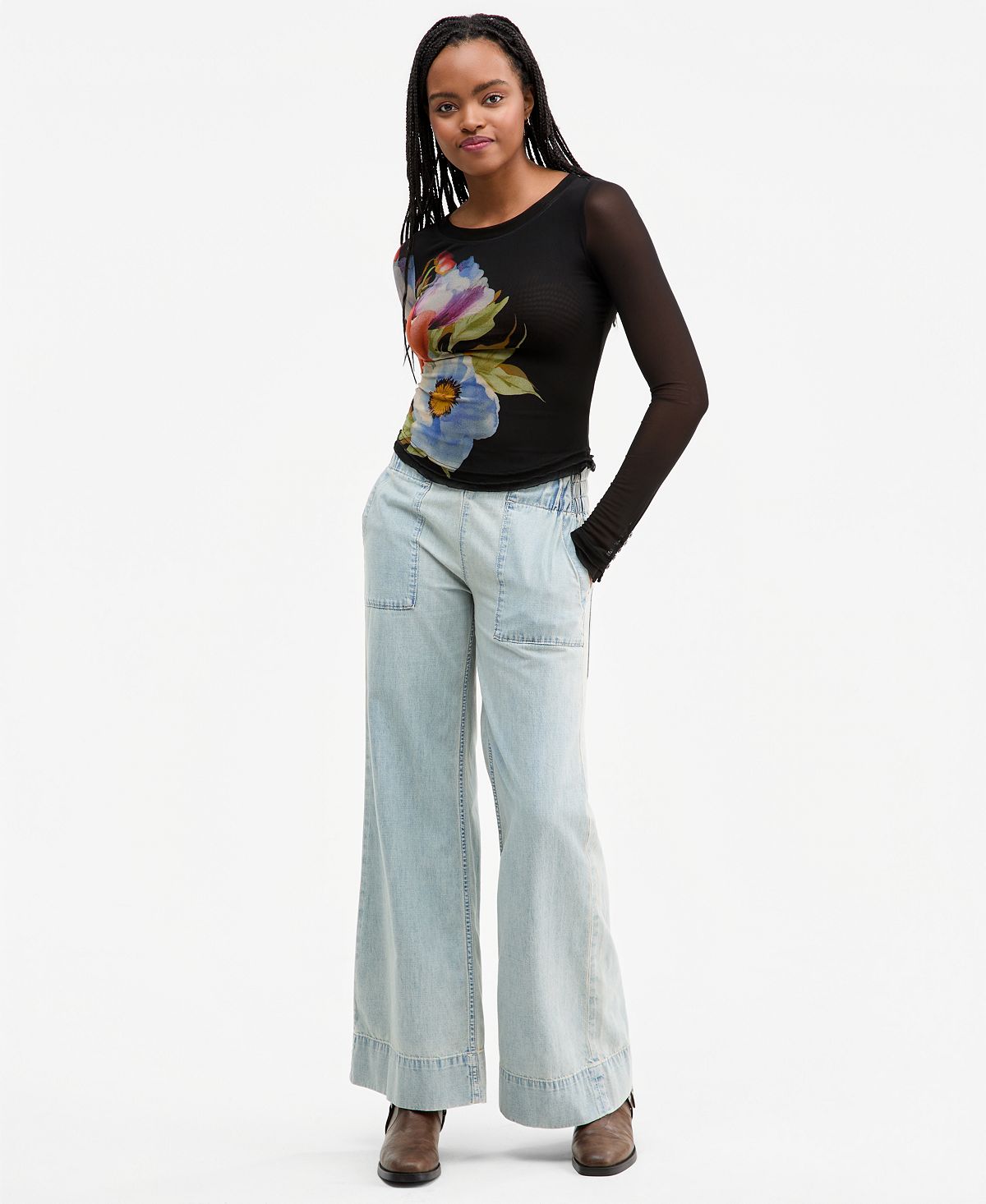 Free People Women's Mid-Rise Wide-Leg Utility Jeans view 4 — MAYCSS fashion products