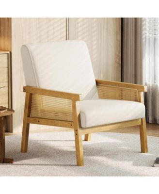 Linen Accent Chair,Rattan Armchair with Wooden Frame,High Back,Upholstered Reading Chair Leisure Chairs for Living Room Bedroom