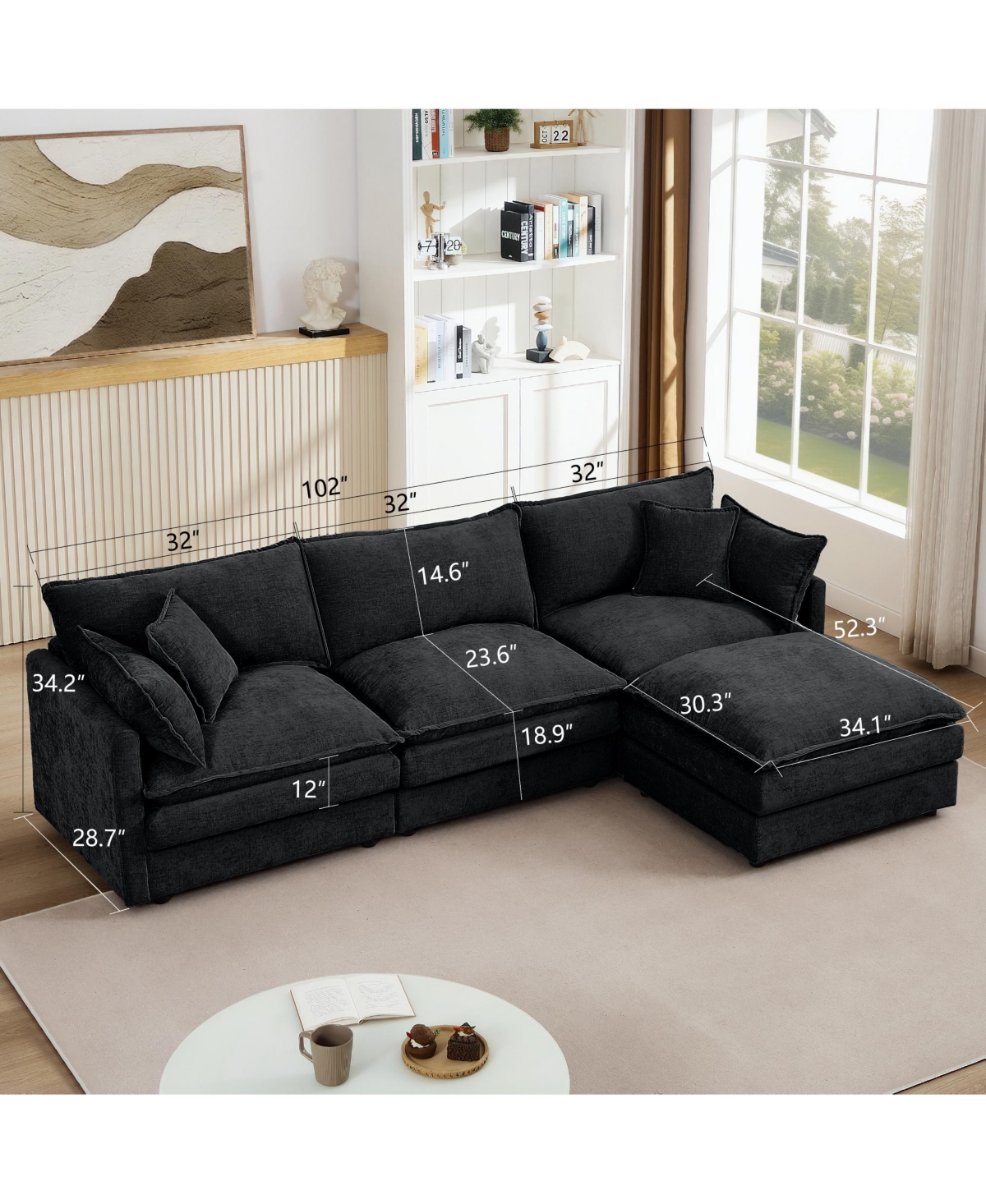 Rainsken 102" L Shaped Cloud Couch, Modular Sectional Sofa with Movable Ottoman and 4 Pillows, Deep Seat Chenille 3-Seater Couches for Living Room