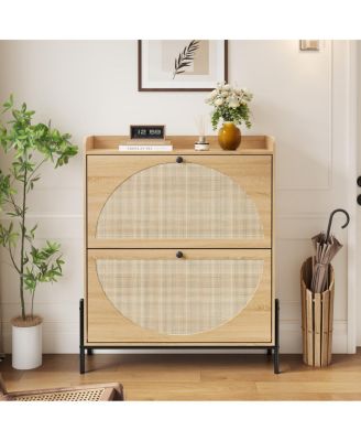 Walnut 2-Drawer Rattan Shoe Cabinet