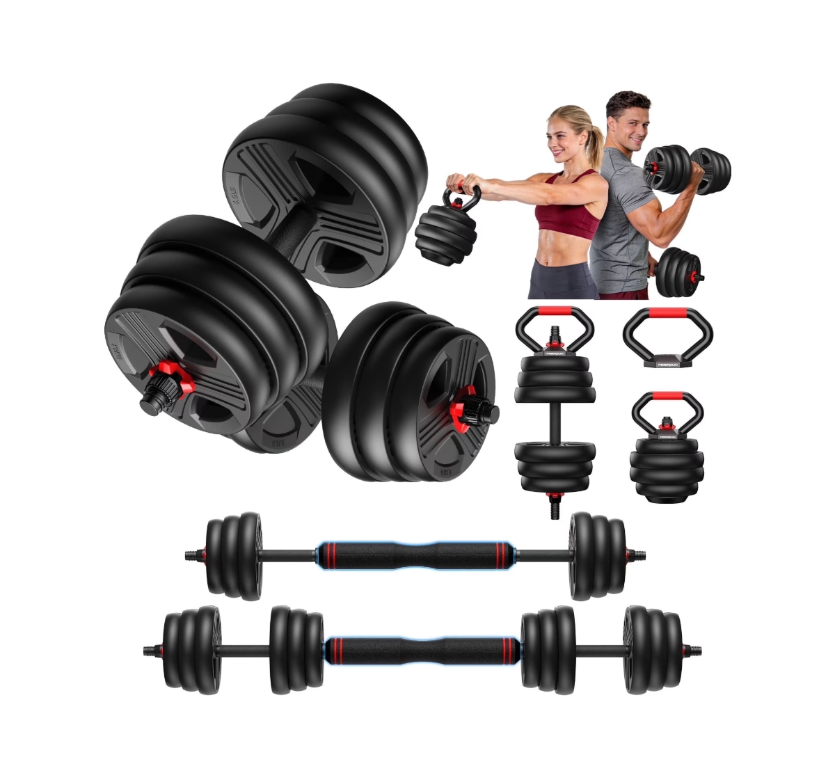 Fed Fitness Adjustable 5 in 1 Free Weights Set, Dumbbell Set, Convertible to Barbell, Kettlebell