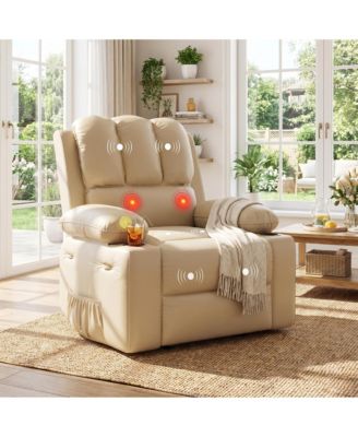 Massage Recliner with Lumbar Heat, Swivel and Rocking Motion - Comfortable Easy-Clean Seating with Cup Holders and Side Storage Pocket