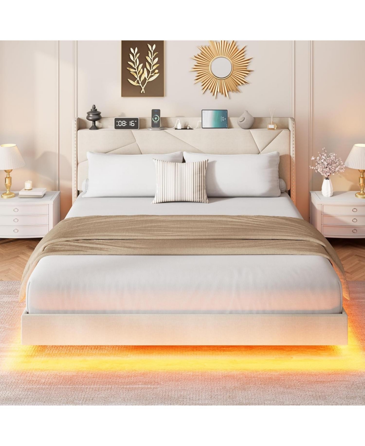 gaomon Floating Bed Frame with Led Lights and Charging Station