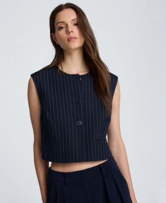 Women's Collarless Sleeveless Pinstripe Vest