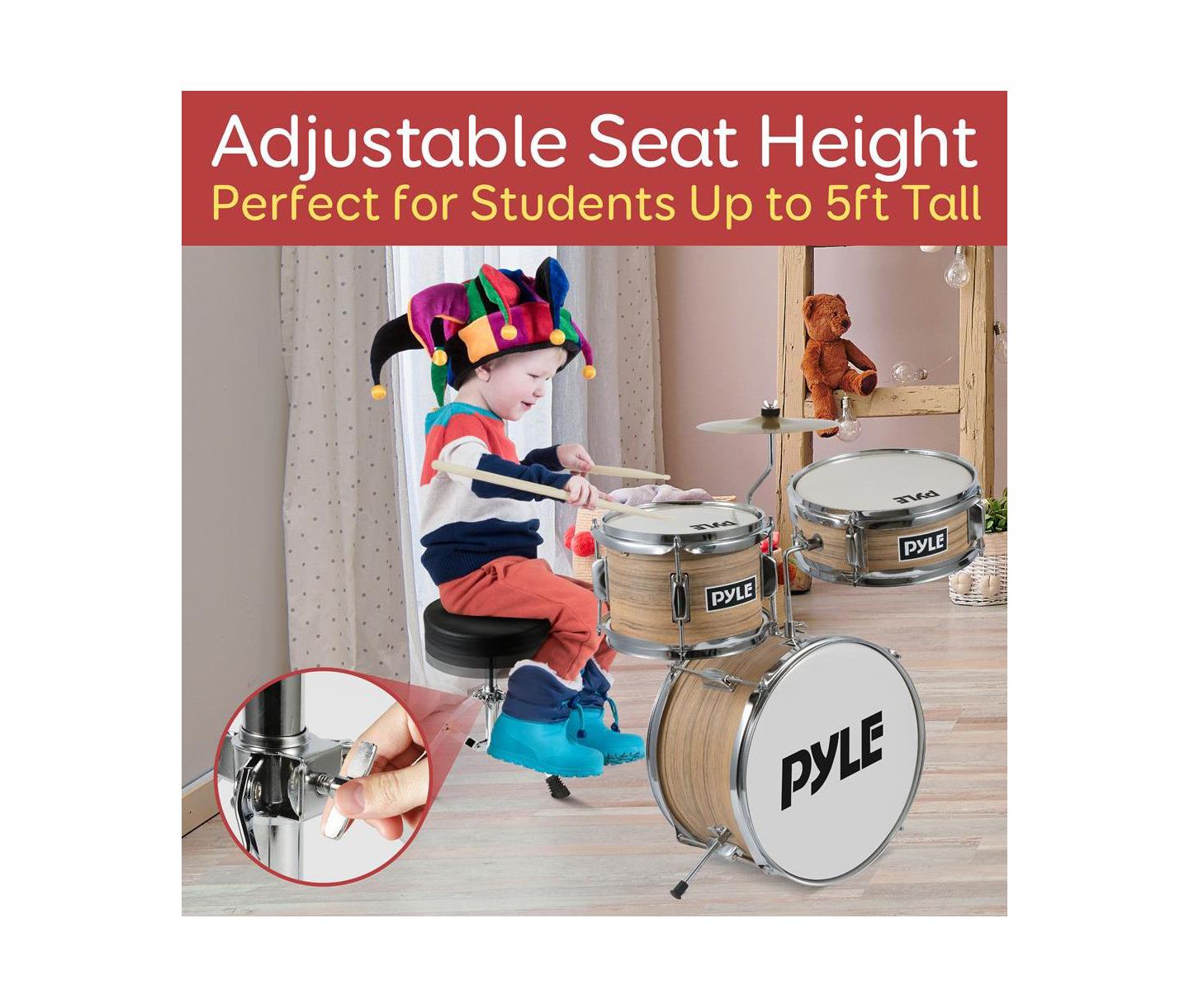 Детские игрушки Pyle 3-Piece Kids/Junior Drum Set - Includes Bass Drum, Tom, Snare, Cymbal, Throne, and Sticks, Natural Finish (PDRMKIT72N) — фото 7