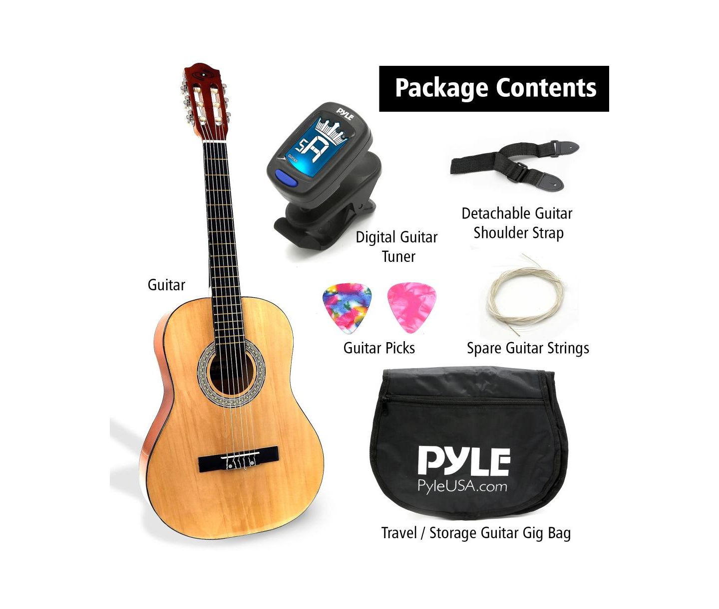 Детские игрушки Pyle 6-String Classic Guitar - 3/4 Size Scale Guitar with Digital Tuner and Accessory Kit (36 inch), цвет: Коричневый — фото 8
