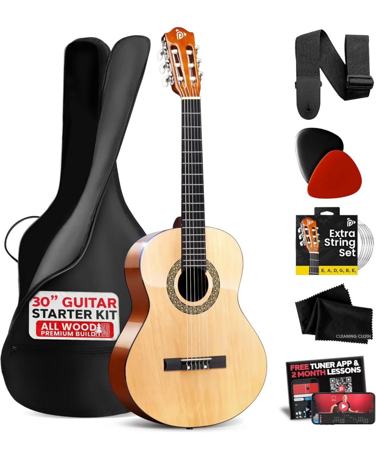 Pyle 1/4 Size Beginner Acoustic Guitar Kit â 30" All-Wood Junior Acoustic Guitar for Kids & Adults, Lightweight Student Instrument - Brown