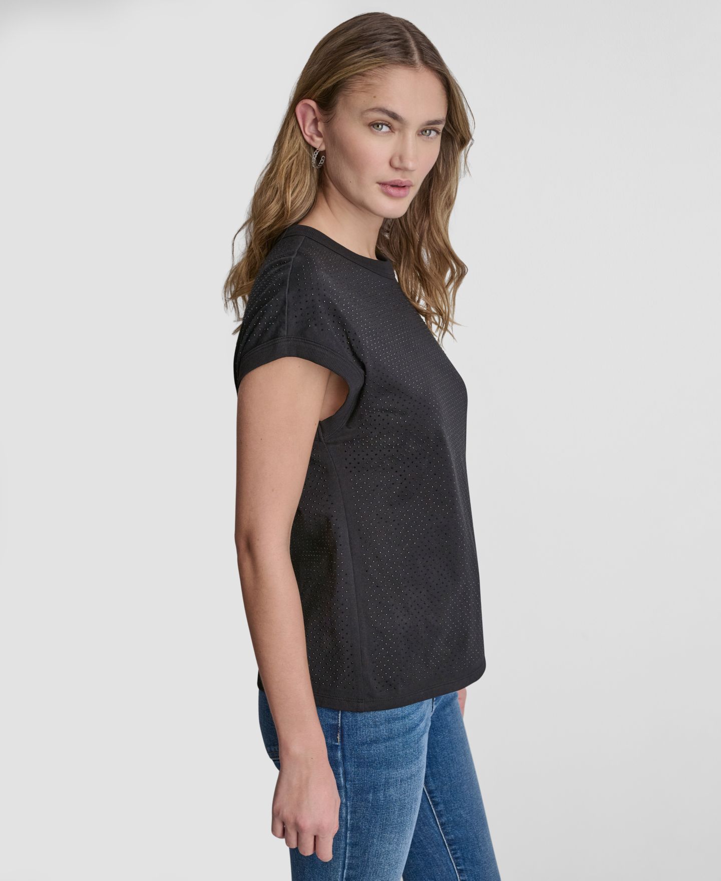 Женский топ DKNY Jeans Rhinestone Embellished Extended-Sleeve Crewneck, цвет: Чёрный — фото 7