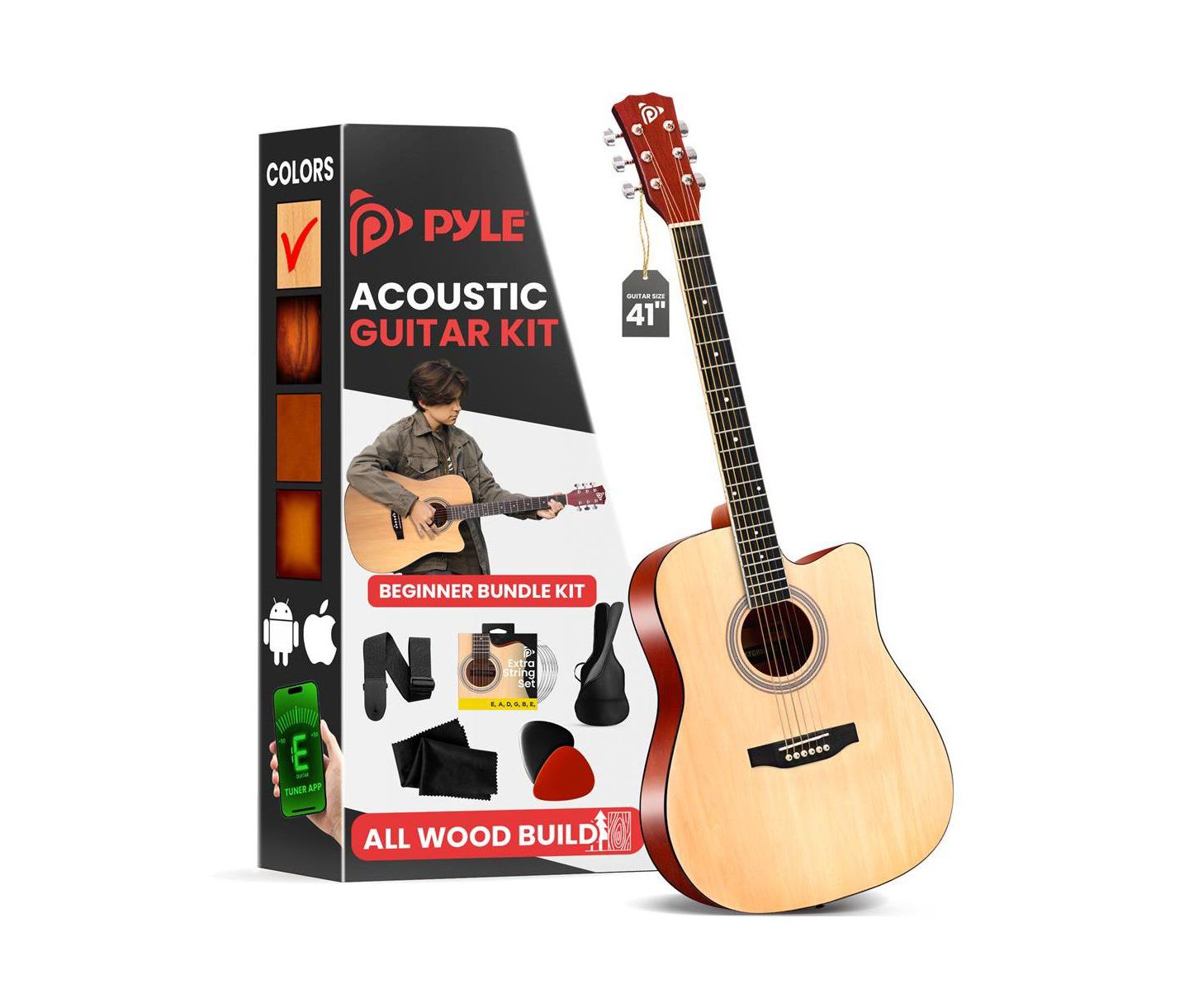 Детские игрушки Pyle 41" Full-Size Acoustic Guitar Kit, Cutaway Body with Digital Tuner and Accessory Kit, цвет: Коричневый — фото 1