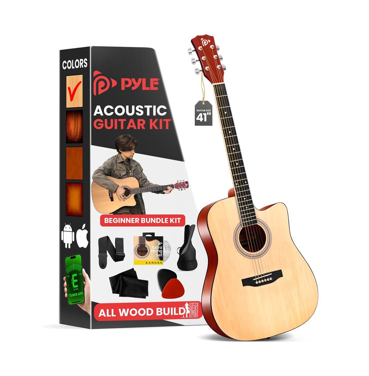 Pyle 41" Full-Size Acoustic Guitar Kit, Cutaway Body with Digital Tuner and Accessory Kit