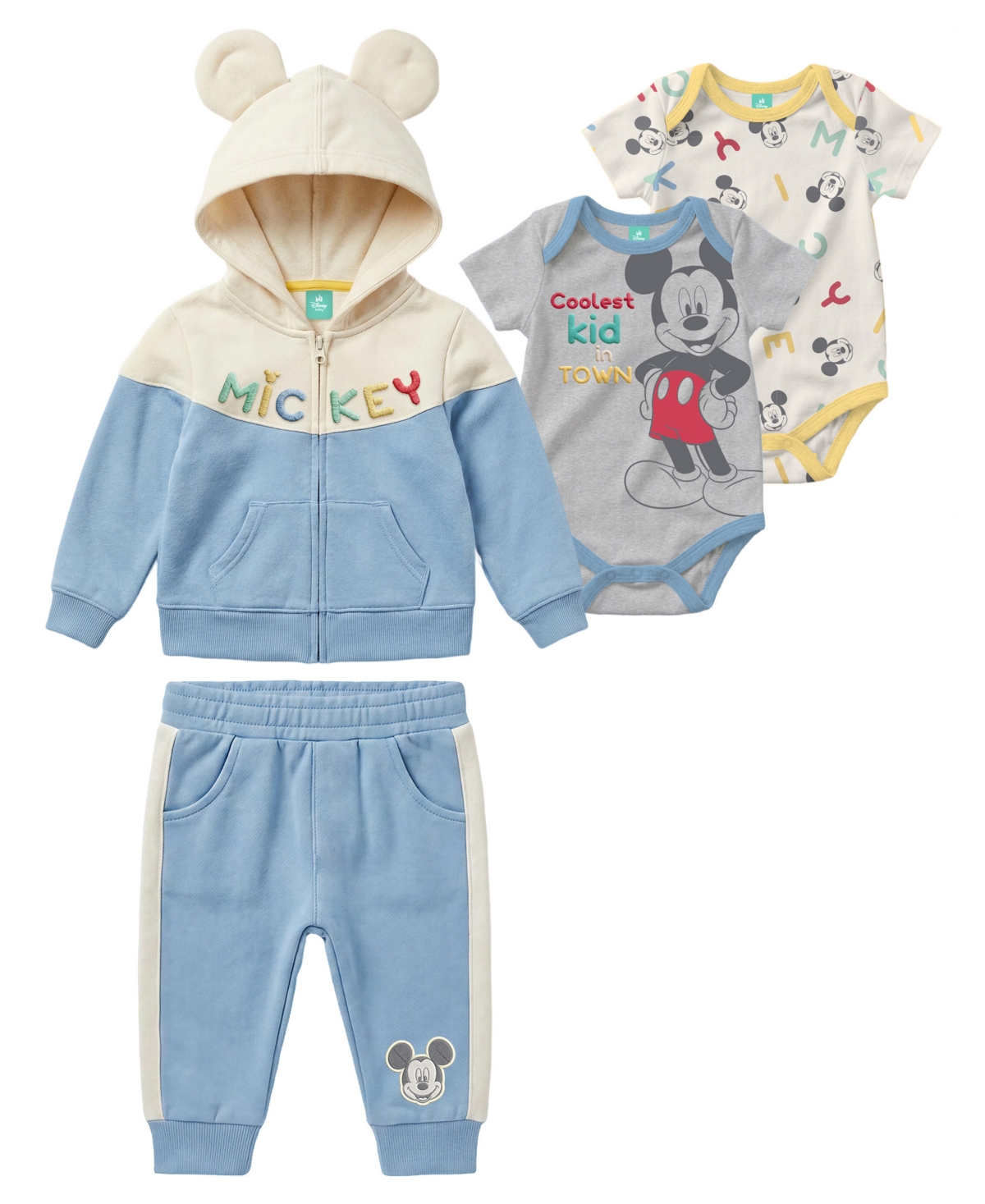 Disney Baby Boys' Mickey Mouse Long-Sleeve Hoodie, 2 Bodysuit and Pants, 4-Piece Set