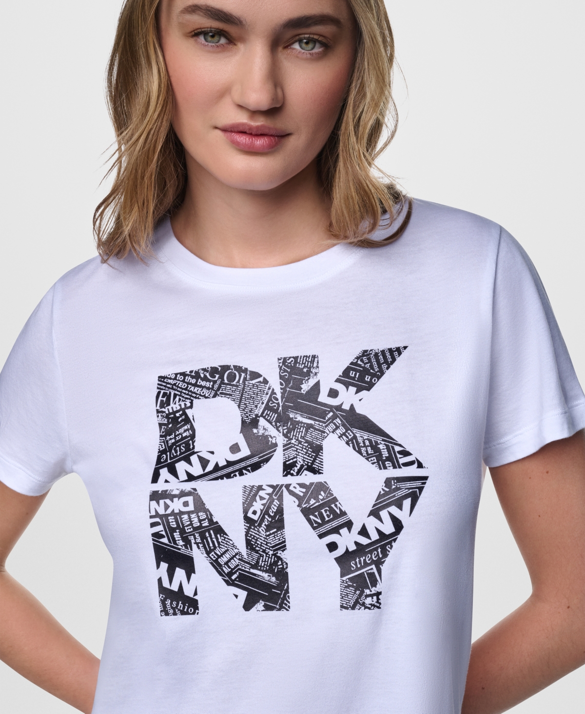 Dkny Jeans Women's Short-Sleeve Newsprint Stacked Logo Crewneck T-Shirt