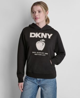 Women's Long-Sleeve DKNY Big Apple Rhinestone Flocking Logo Hooded Sweatshirt