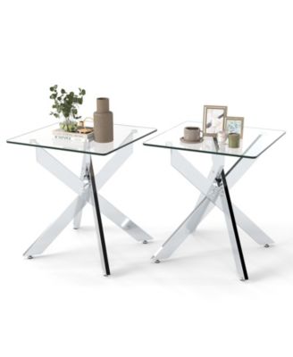 2PCS Glass Side Table Square End Table w/Tempered Glass Top and Metal X Base