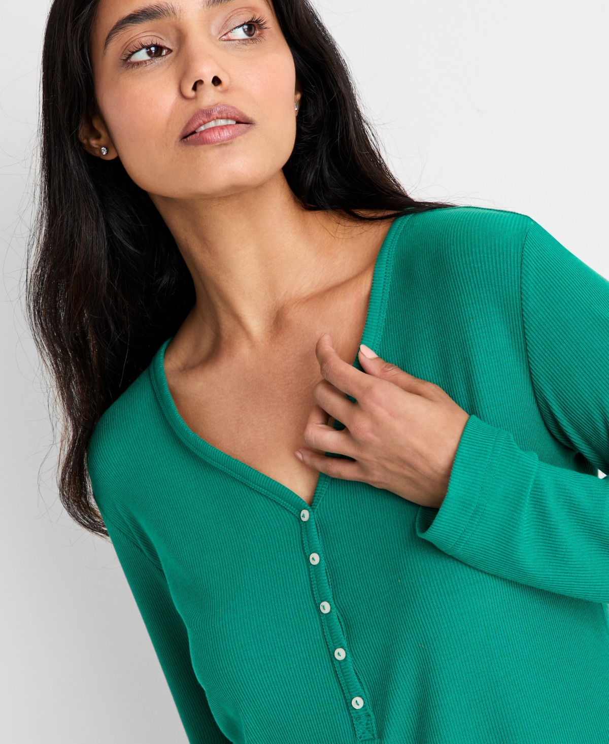 State of Day Women's Long-Sleeve Ribbed Henley Sleep Top Xs-3X, Created for Macy's