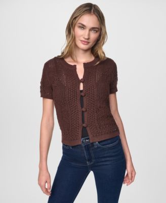 Women's Short-Sleeve Crew Neck Floral Pointelle Cardigan