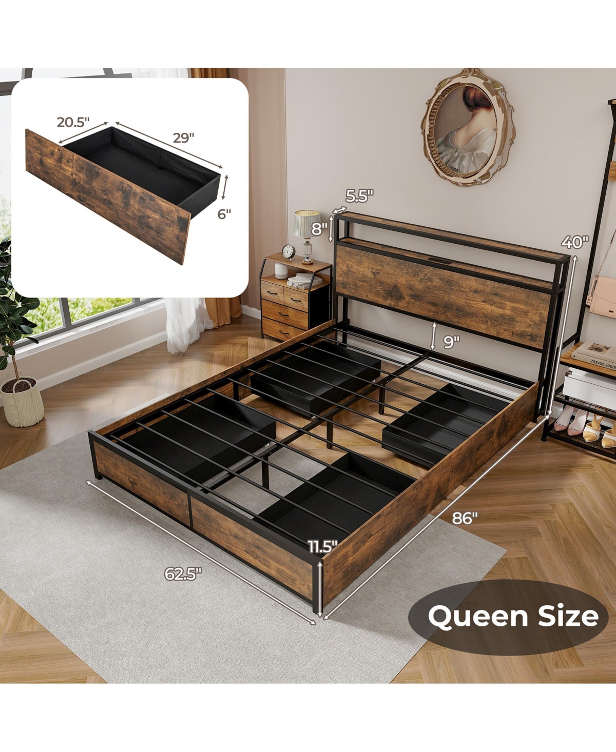 Gymax Queen Industrial Platform Bed Frame w/ Storage Drawers and Led Lights Headboard