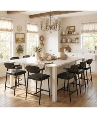 Set of 8 Rustic Black Bar Stools, 26" Counter Height with Soft Back, Arms and Footrest, Heavy Duty Metal Frame