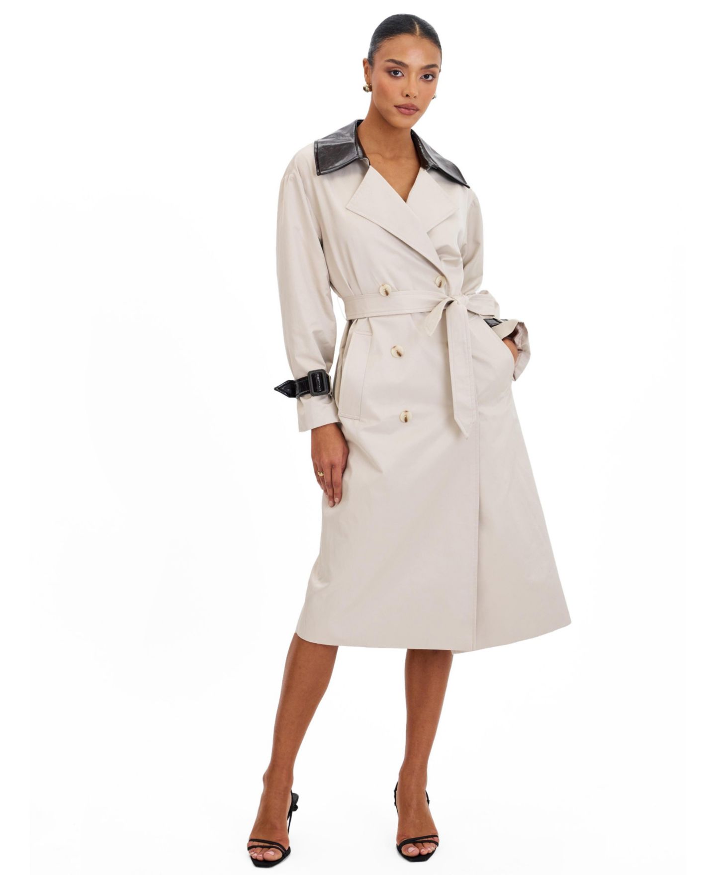 Женское пальто Miss Circle Umber Oyster Double-Breasted Lapel Trench, цвет: Бежевый — фото 4