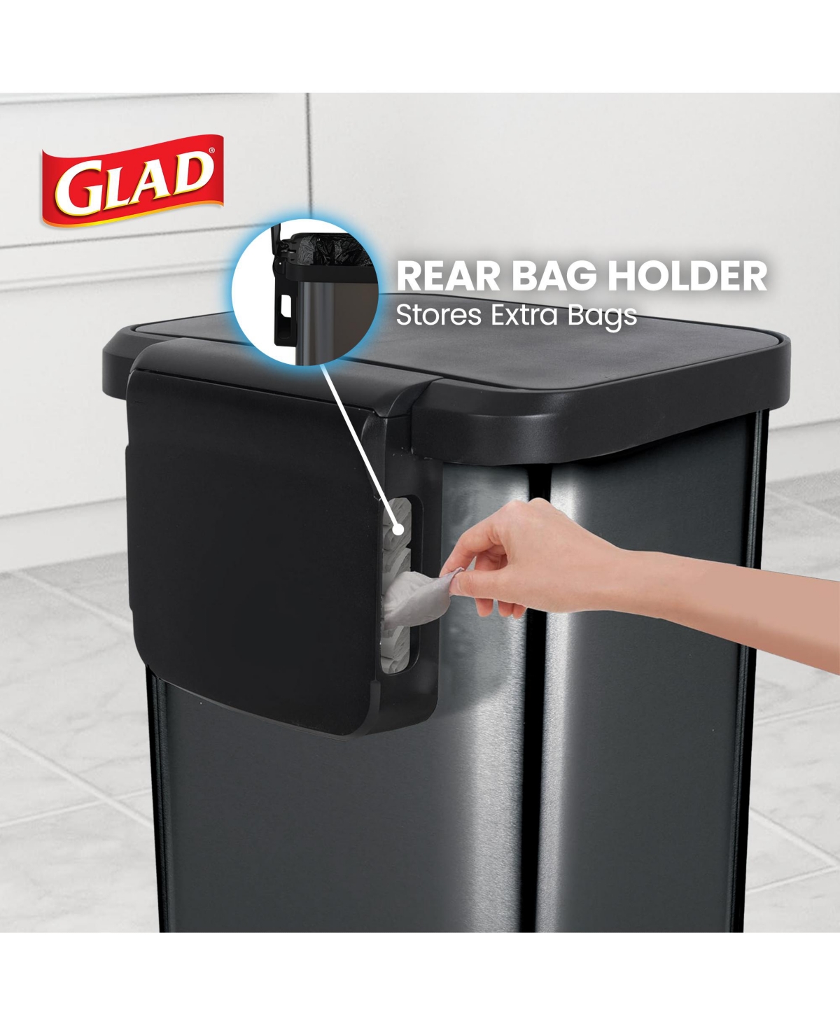 Glad Step Trash Can, Soft Close Lid Bin with Odor Protection, 20 Gallon, Pewter