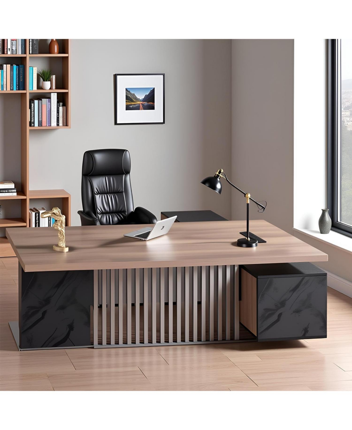 Logicfox Large Executive Desk with Drawers Cabinet Outlet Cable Management for Business Furniture Set Workstation - Brown