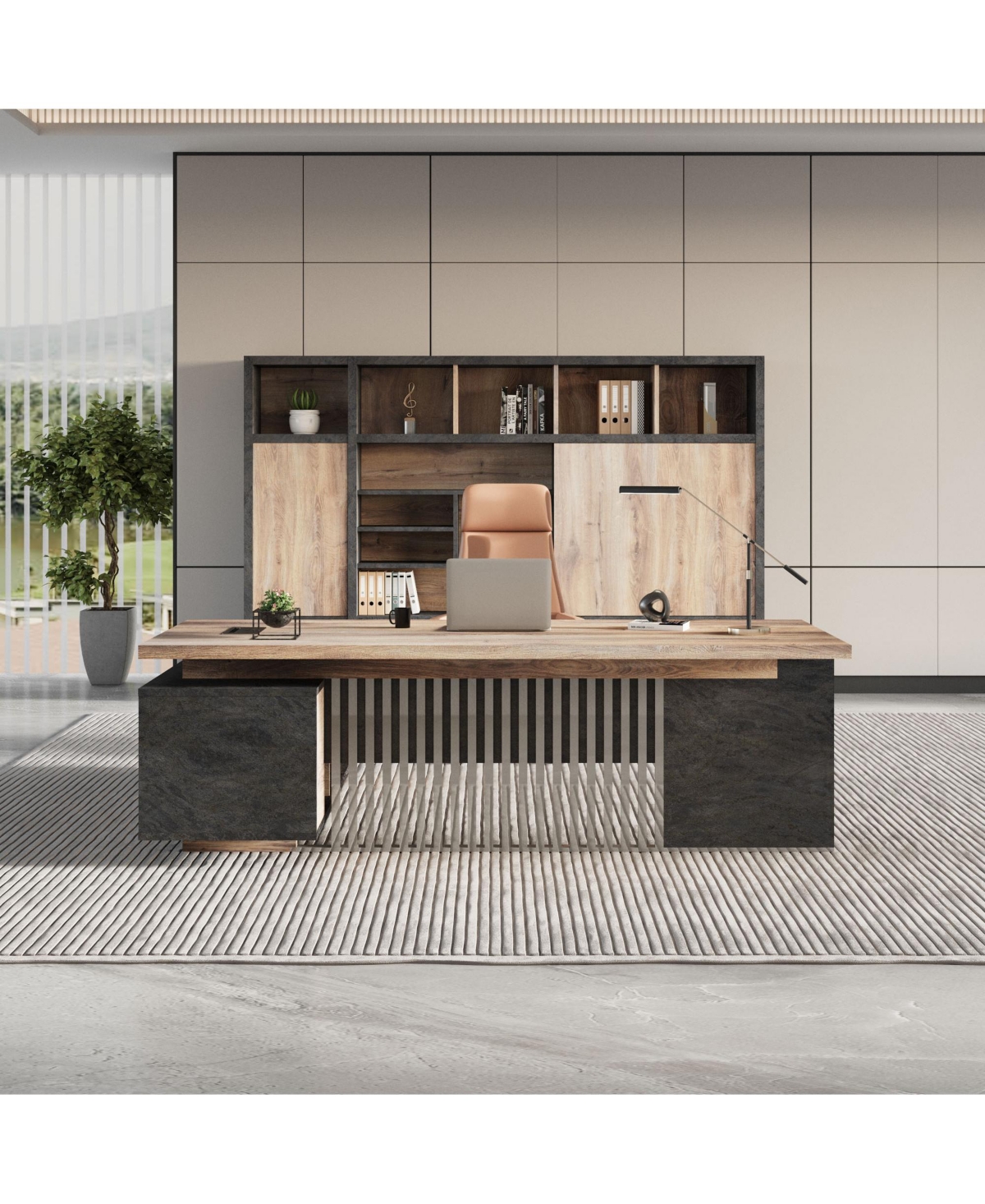 Logicfox Large Executive Desk with Drawers Cabinet Outlet Cable Management for Business Furniture Set Workstation - Brown