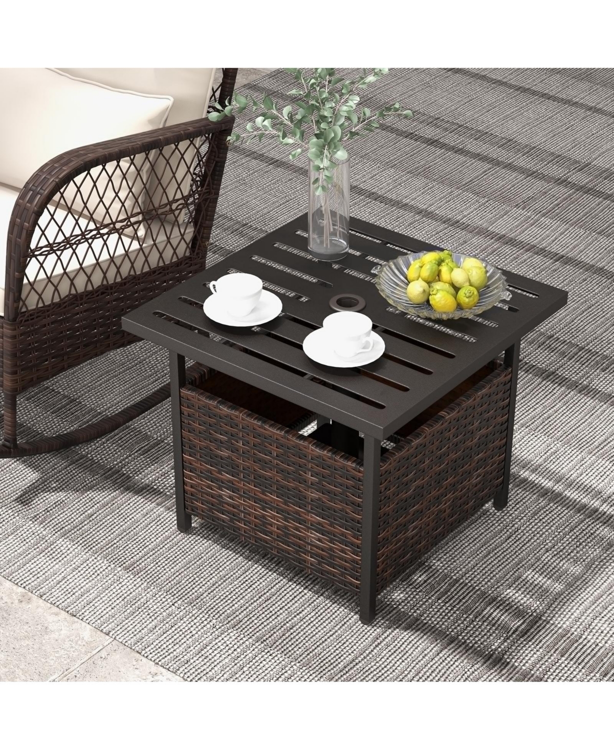 sumyeg Outdoor Patio Rattan Wicker Side Table with Steel Frame for Deck and Garden