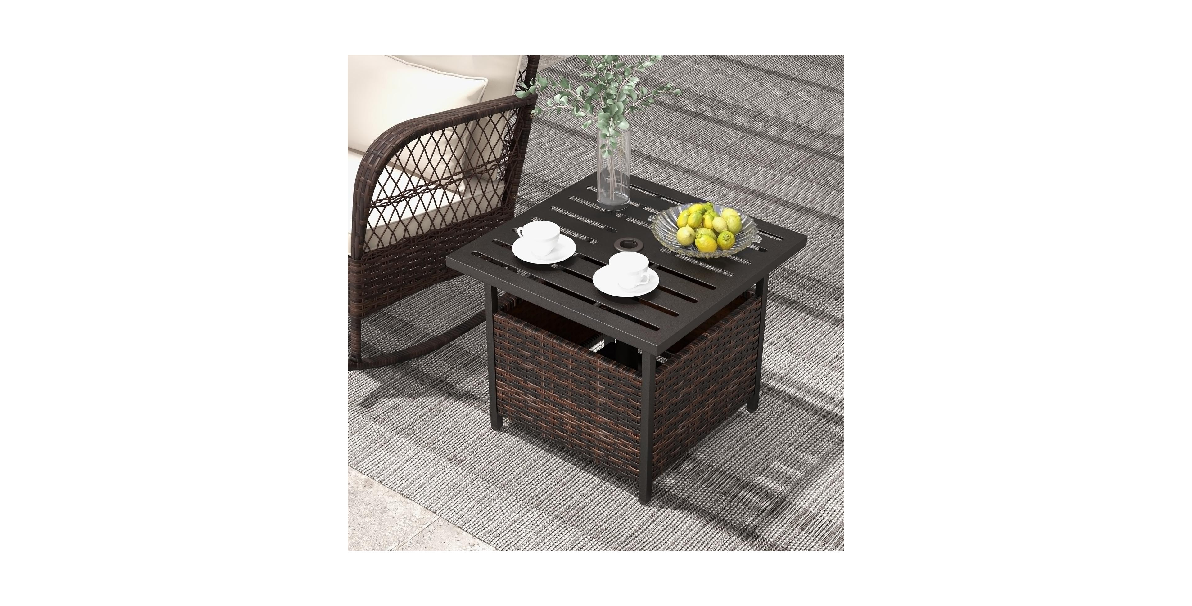 sumyeg Outdoor Patio Rattan Wicker Side Table with Steel Frame for Deck and Garden