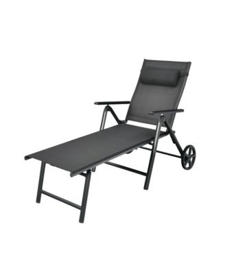 Adjustable Patio Lounge Chair with Wheels, Neck Pillow and Aluminum Frame