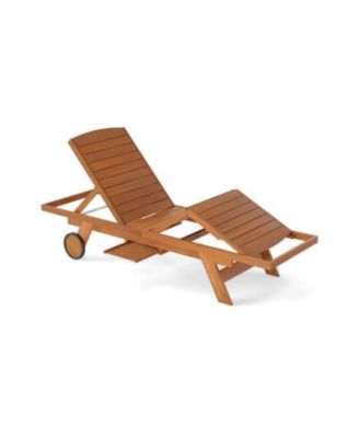 Outdoor Chaise Lounge Chair with Wheels 4-Position Patio Wood Recliner with Adjustable Backrest