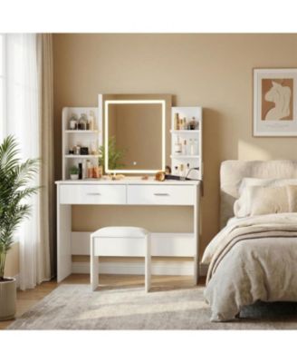 Makeup Vanity Desk with LED Mirror, 2 Drawers, Power Outlet & Cushioned Stool, 3 Light Modes