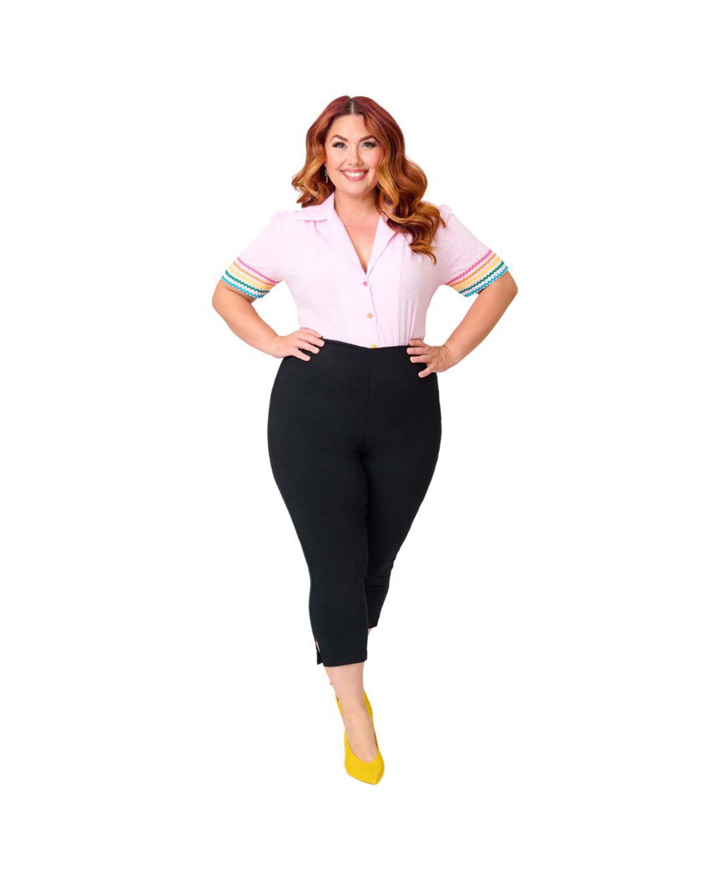Женская блузка Unique Vintage Plus Size Short Sleeve Collared Button Down Woven, цвет: Розовый / С принтом — фото 5
