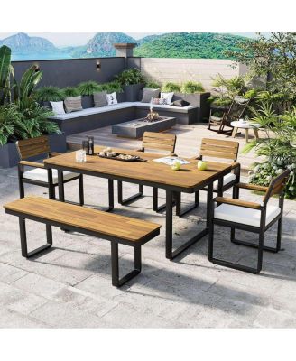 6-Piece Acacia Wood Outdoor Dining Set with Cushions and Bench, Patio Furniture for 6-Asagikoiai