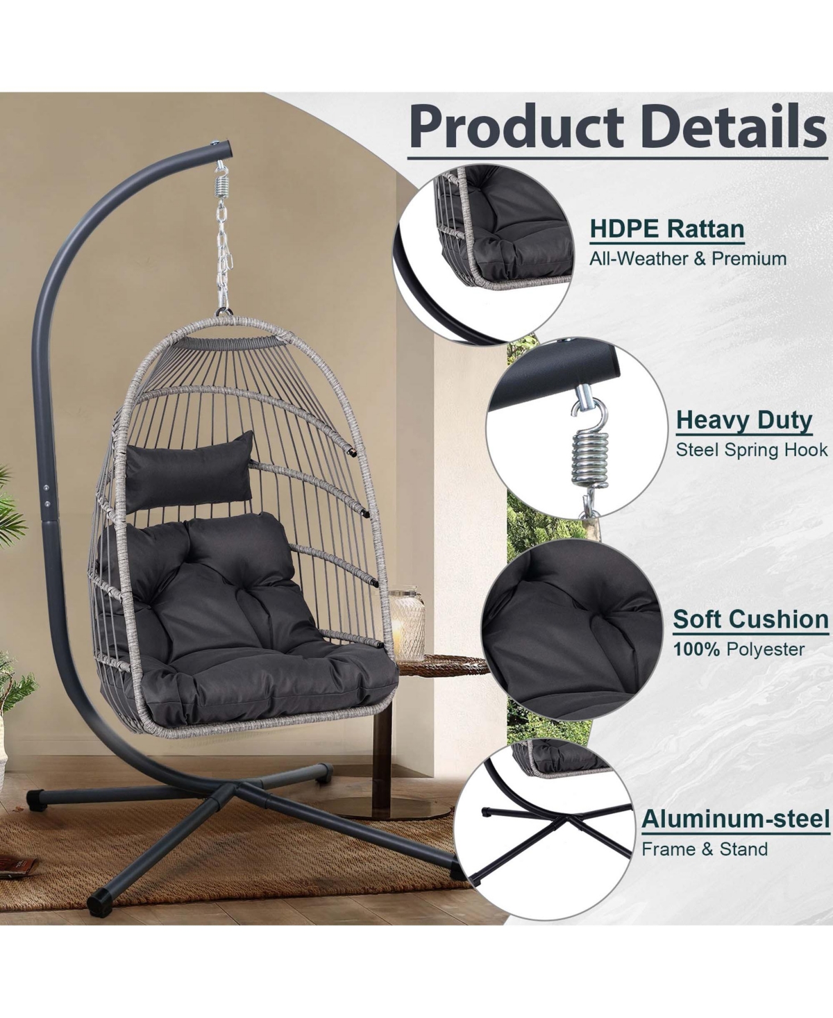 Boyel Living Foldable Hanging Egg Chair with Stand and Cushion, Outdoor Patio Wicker Swing Chair, Hdpe Rattan Aluminum-Steel Frame