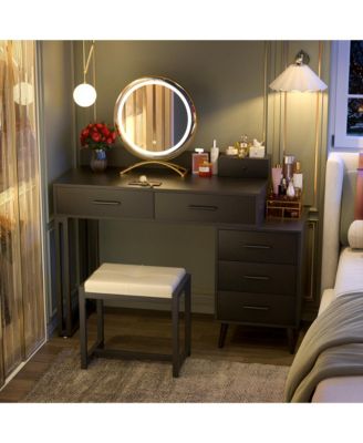 Vanity Desk with Mirror and Lights, Makeup Vanity Set with 6 Drawers and Stool