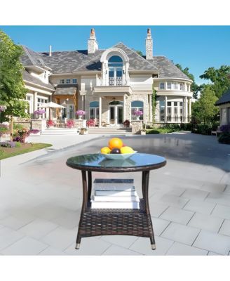 21" Round Outdoor Coffee Table - PE Rattan with Tempered Glass Top, Steel Frame