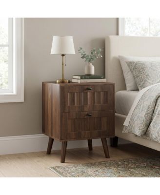 Mid-Century Modern Double-Drawer Bedside Table 2-Pack, Walnut with Solid Wood Legs