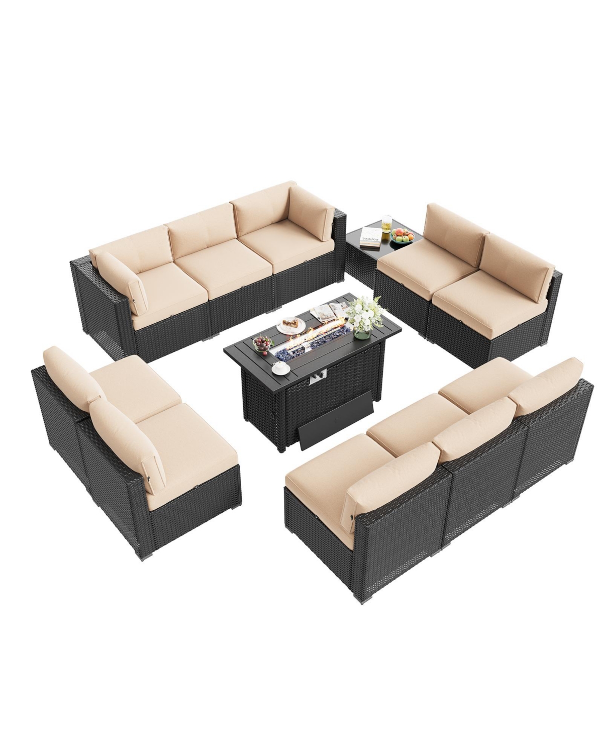 Aoxun 12-Piece Outdoor Wicker Patio Conversation Set with 44" Propane Fire Pit Table and Khaki Cushions