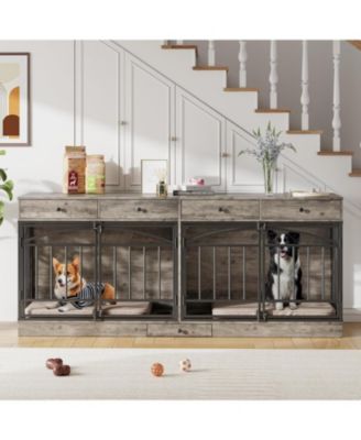 Dog Crate Furniture for 2 Dogs, Dog Kennel Indoor with 4 Storage Drawers and Feeding Bowls, Double Dog Crate TV Stand for Small Medium Dogs