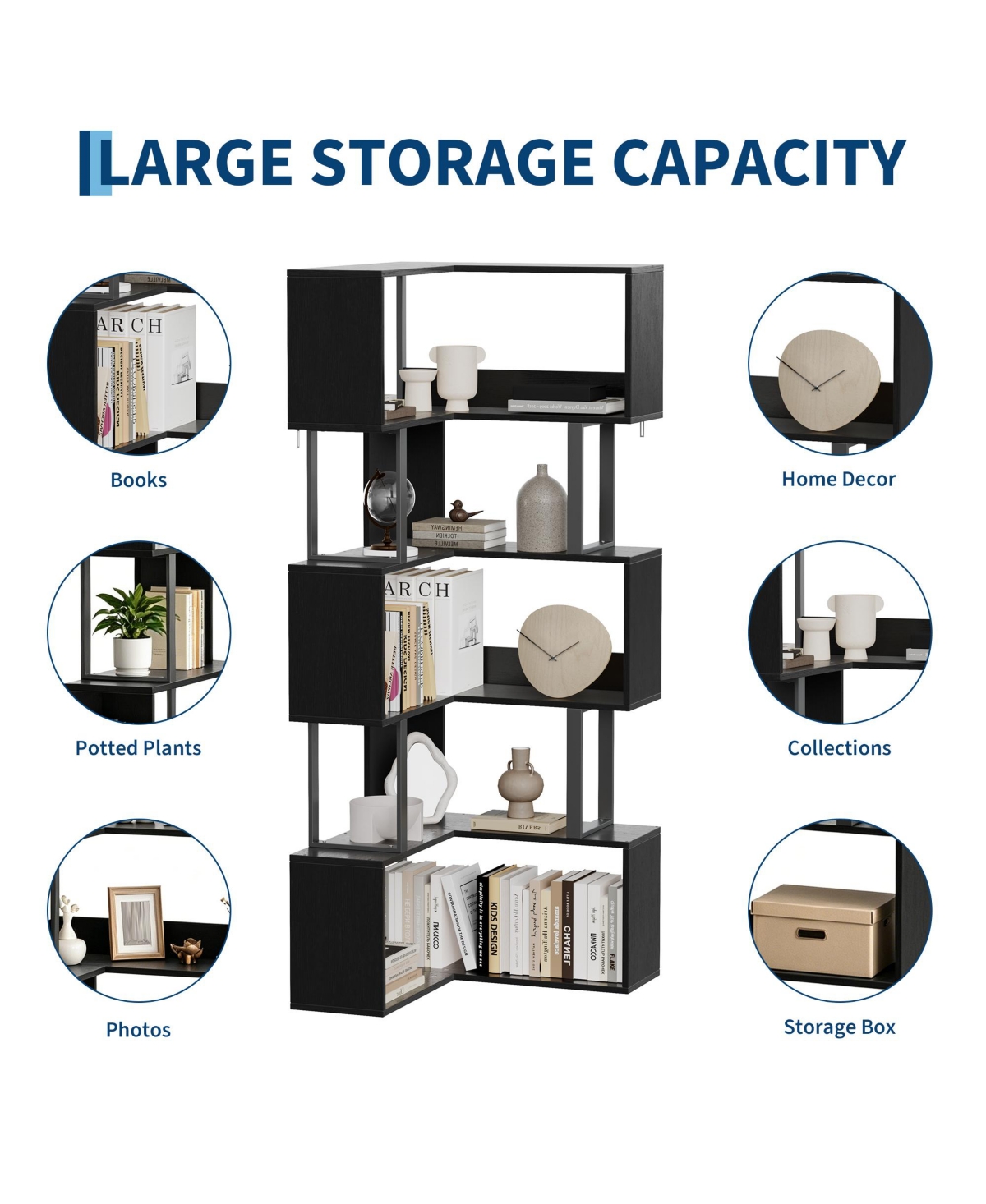 gaomon Space-Saving L-Shaped Corner Bookshelf - 6-Tier Freestanding Metal and Wood Bookcase with Baffle