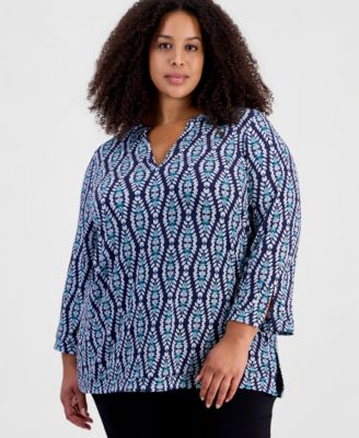 Plus Size Printed 3/4-Sleeve Splitneck Tunic, Macy's Exclusive