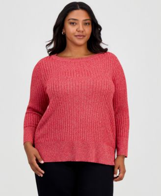 Plus Size Novelty Stitch Lurex Boatneck Long-Sleeve Sweater