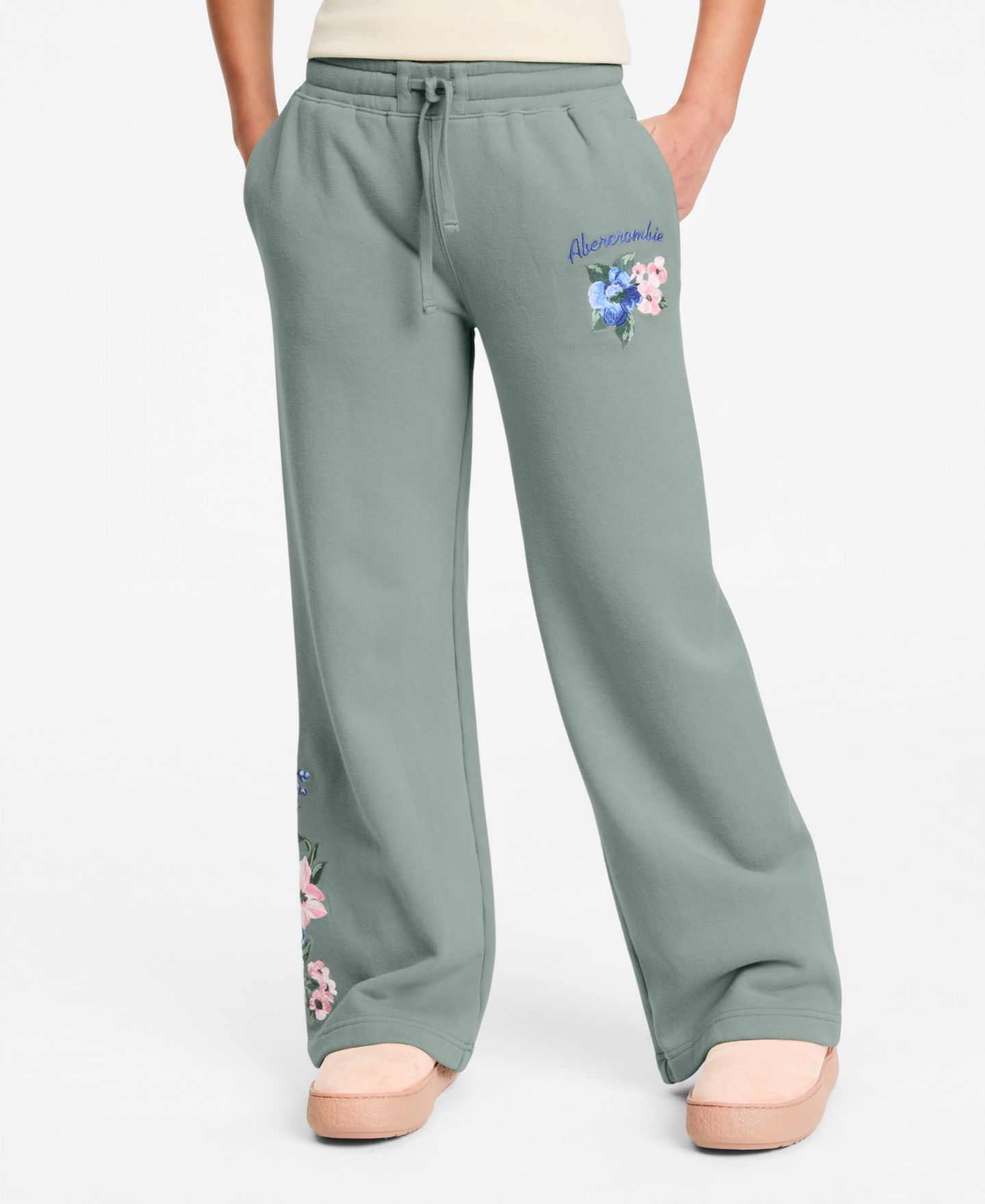 Брюки abercrombie kids Floral Low-Rise Baggy Fleece Pants для девочек, цвет: Зелёный — фото 1